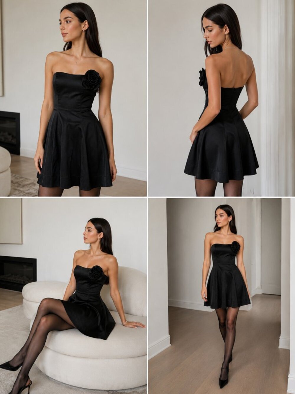 Vintage Teeze Me Black Satin Strapless Rosette Bustier Fit & Flare Party Dress 3